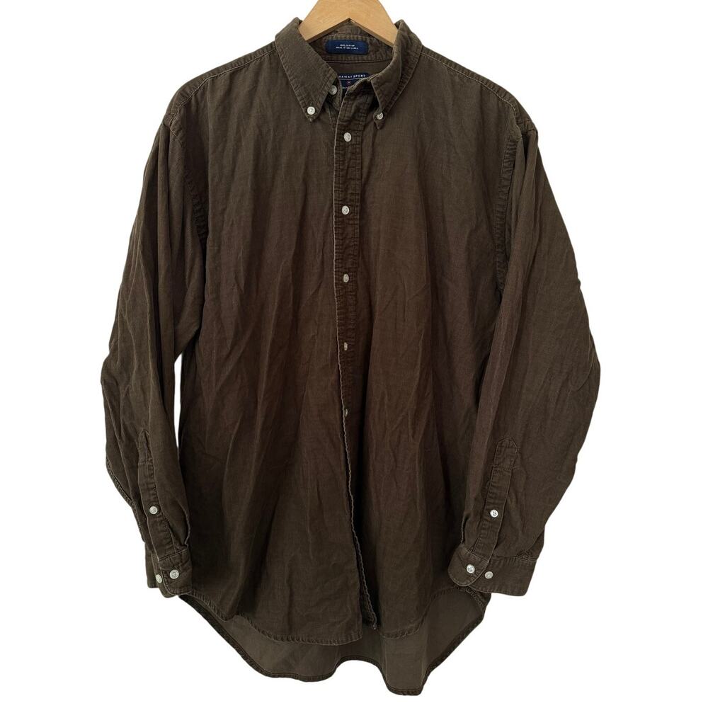 Hathaway Sport Green Corduroy Ribbed 100% Cotton Button Down Long Sleeve-L